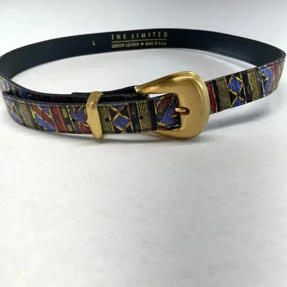 VTG The Limited Leather Belt Multicolor Abstract Geometric Statement Gold Buckle - Picture 2 of 10